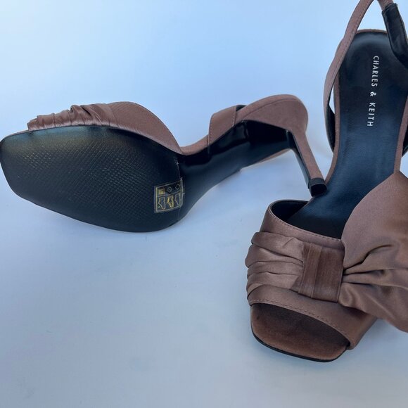 Charles & Keith Oversized Bow Detail Satin Slingbacks, Nude/Brown - Brand New - Picture 7 of 8